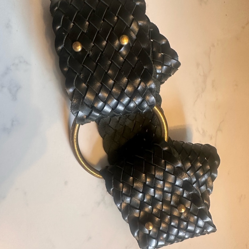 Vintage Black Woven Leather Belt | Brass O-ring Buckle | Boho Western Wide Belt - Picture 5 of 6